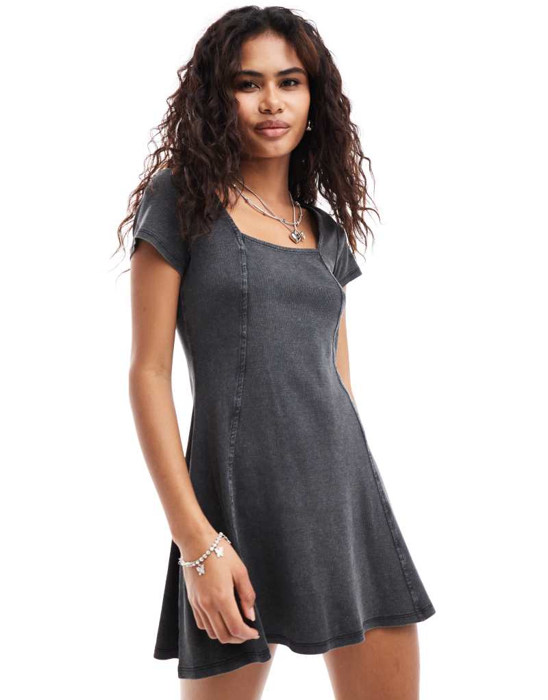 Monki ribbed jersey mini dress with square neck in washed black Monki