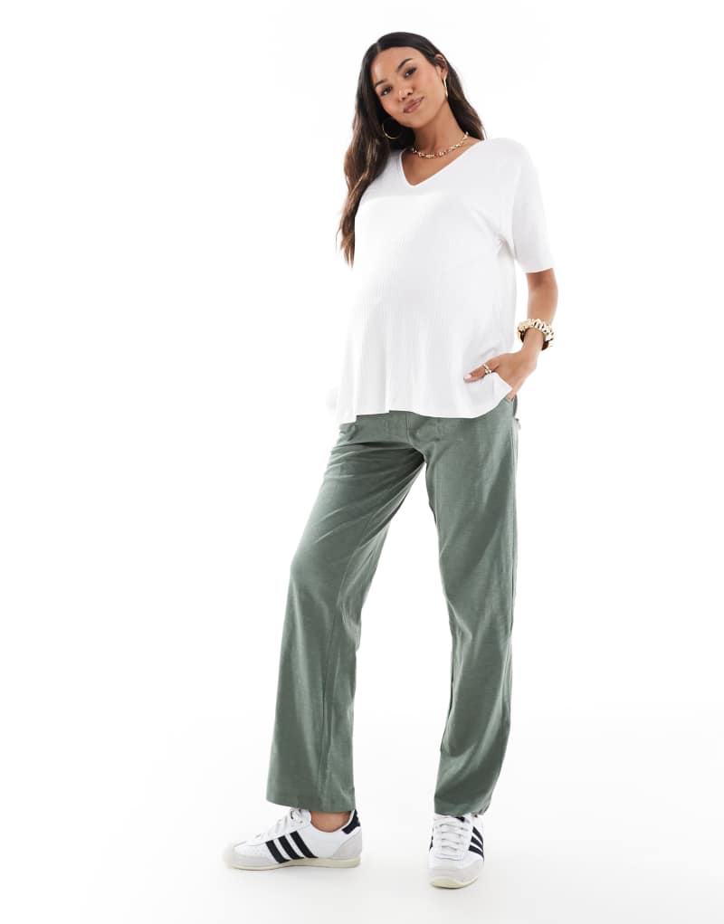 Mamalicious Maternity under-the-bump lightweight summer wide leg pants in khaki Mamalicious