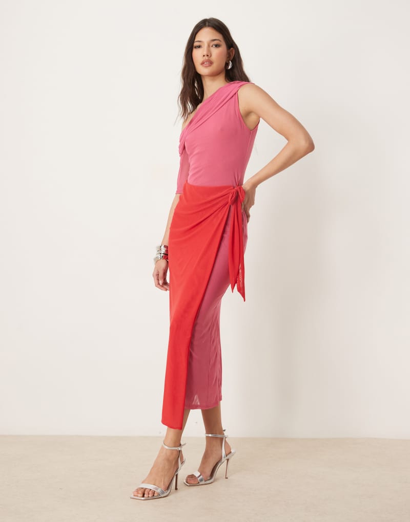 Never Fully Dressed one shoulder contrast midaxi dress in red and pink Never Fully Dressed