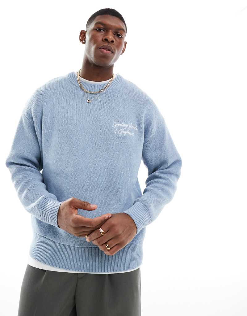 ONLY & SONS relaxed fit sweater with embroidery in light blue Only & Sons