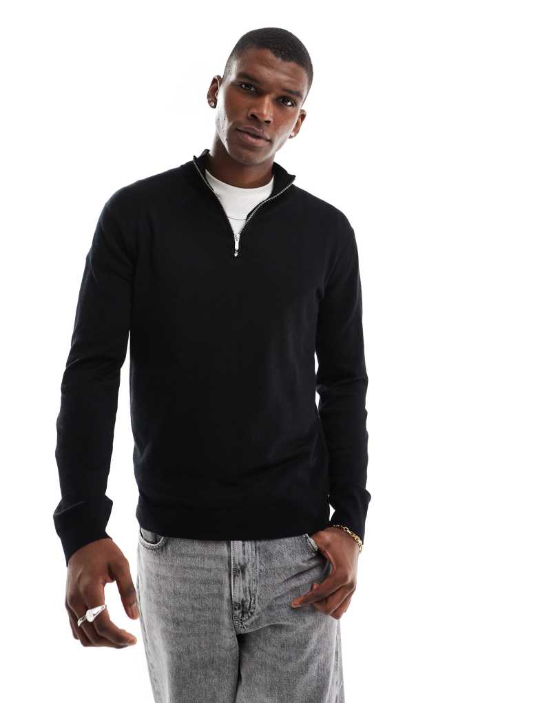 ONLY & SONS 1/4 zip knitted sweater in black Only & Sons