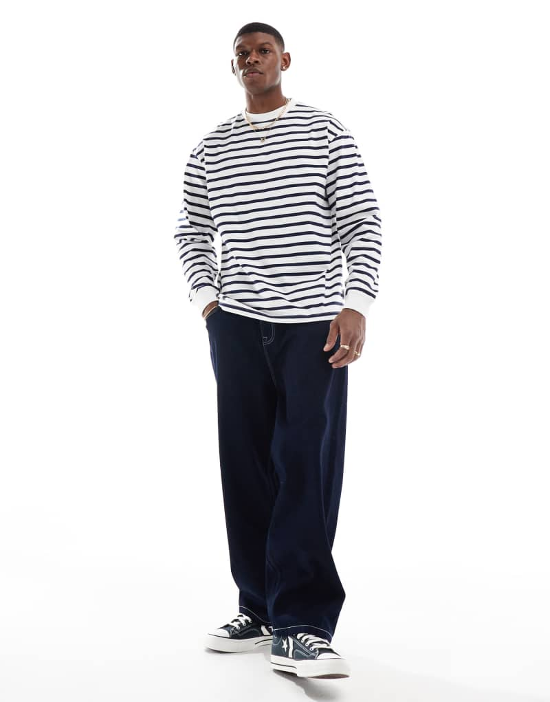 ONLY & SONS loose fit long sleeve T-shirt with white & blue stripes  Only & Sons