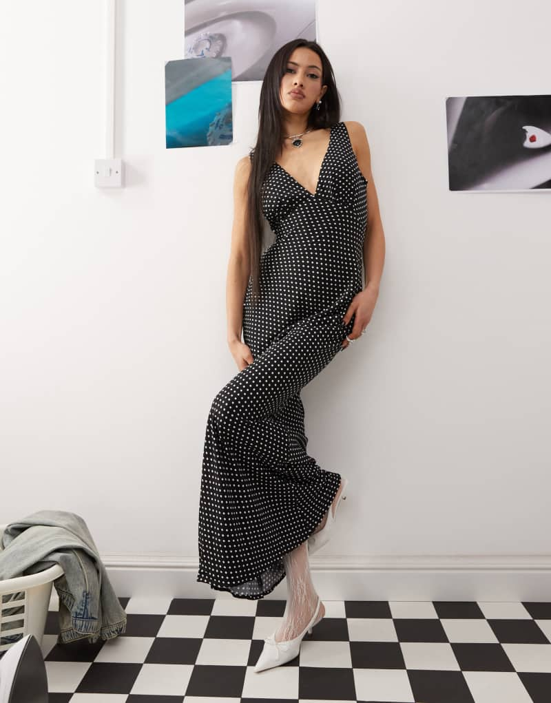 Princess Polly plunge v neck sleeveless tie back maxi dress in black polka dot Princess Polly