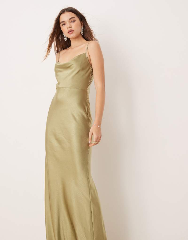 Pretty Lavish Bridesmaid Keisha cowl neck satin maxi dress in olive Pretty Lavish