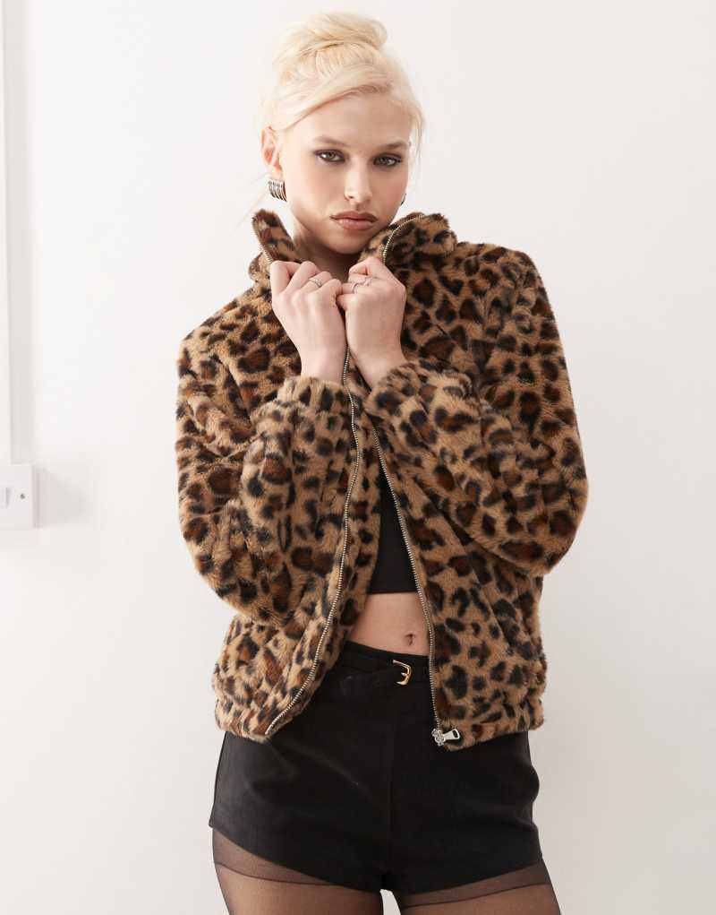 Princess Polly faux fur zip up jacket in leopard print Princess Polly