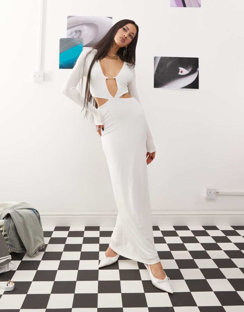 Princess Polly plunge v neck cut out textured ribbed maxi dress in white Princess Polly