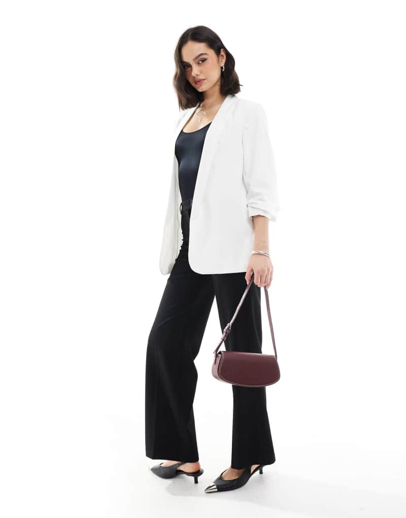 Pieces ruched sleeve blazer in white Pieces