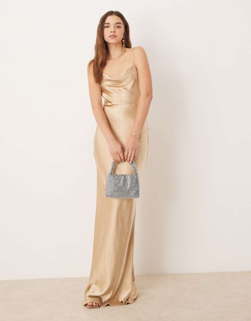 Pretty Lavish Bridesmaid Keisha cowl neck satin maxi dress in matte gold Pretty Lavish