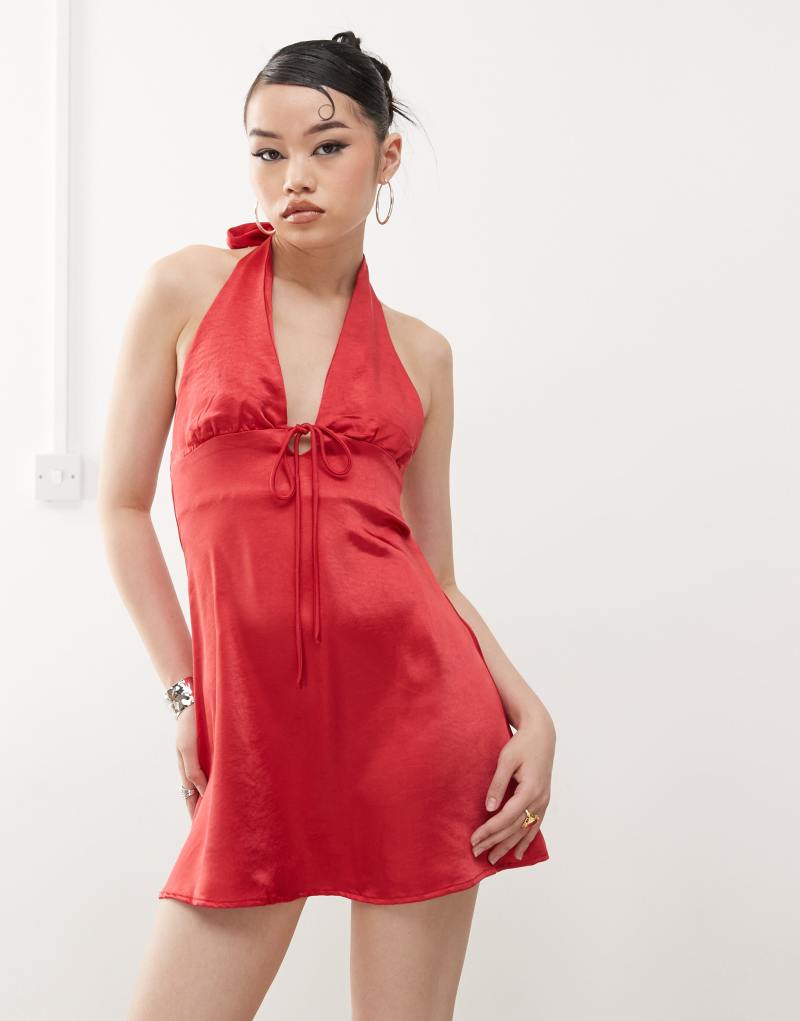 Princess Polly satin halterneck tie front mini slip dress in red Princess Polly