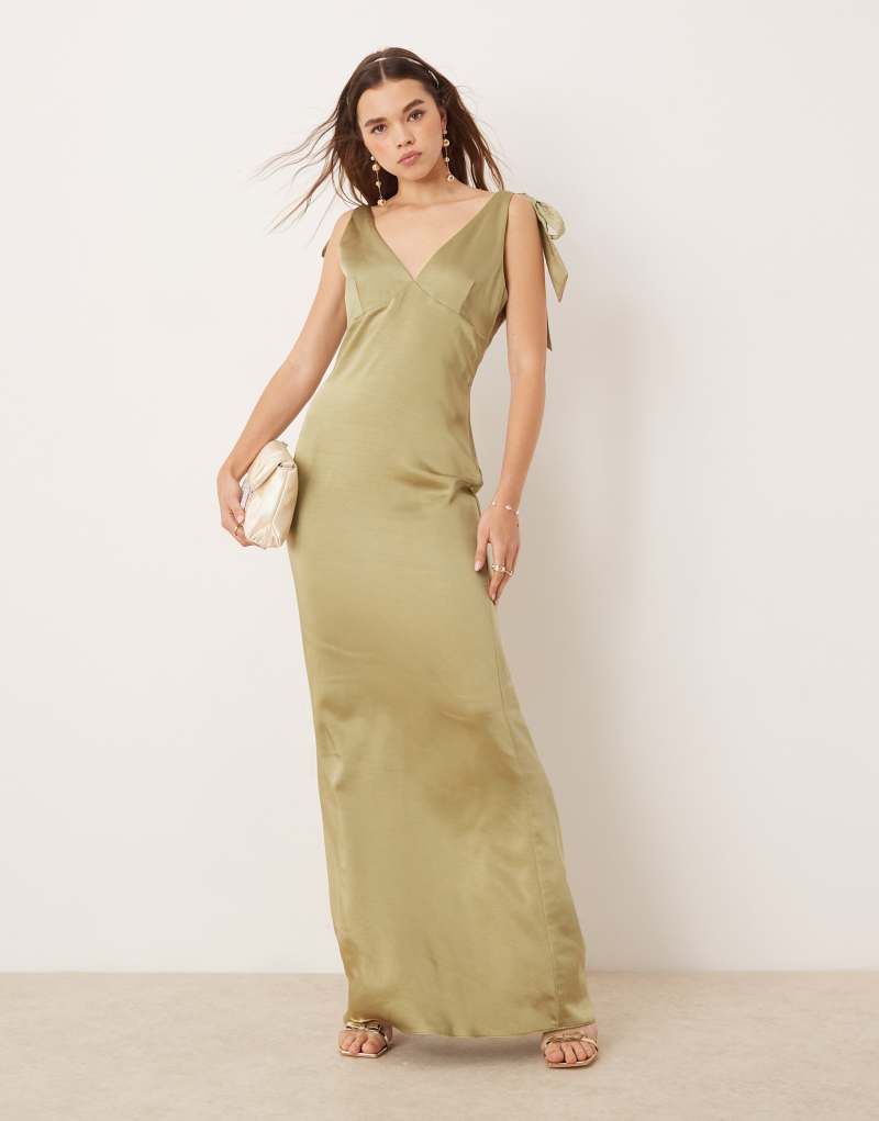 Pretty Lavish Bridesmaid tie shoulder satin maxi dress in olive Pretty Lavish