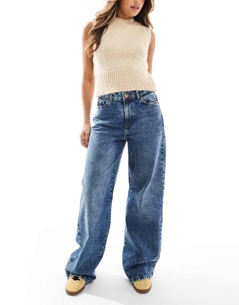 Pieces Selma high waisted wide leg jeans in medium blue rinse Pieces