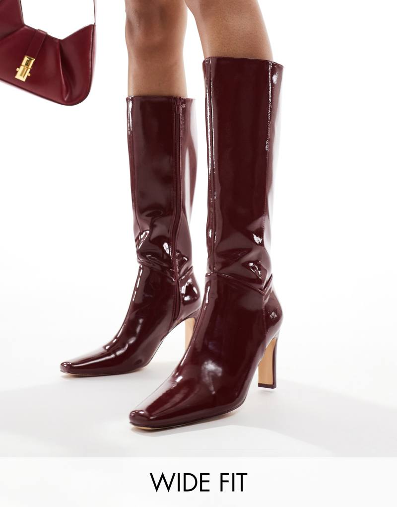 Public Desire Pose Wide Fit heeled knee boots in wine patent Public Desire