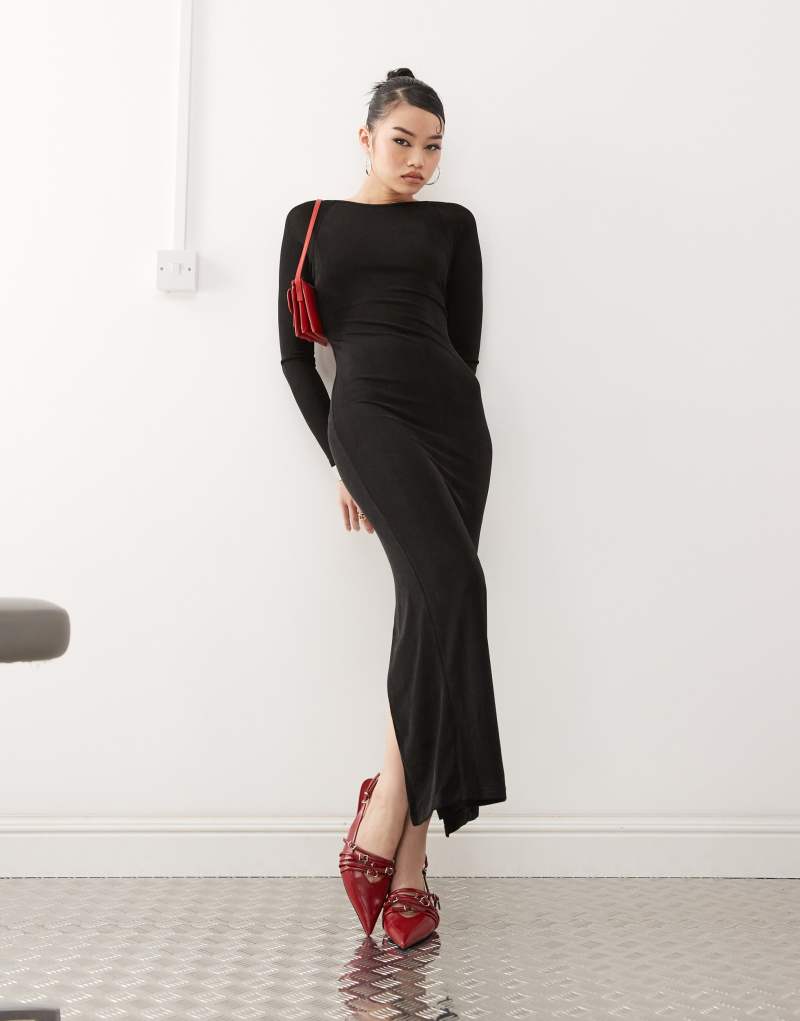 Princess Polly slinky boatneck long sleeve backless maxi dress in black Princess Polly