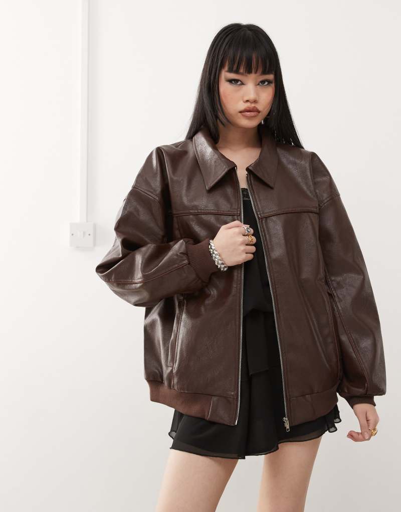 Princess Polly leather look oversized bomber jacket in washed brown Princess Polly