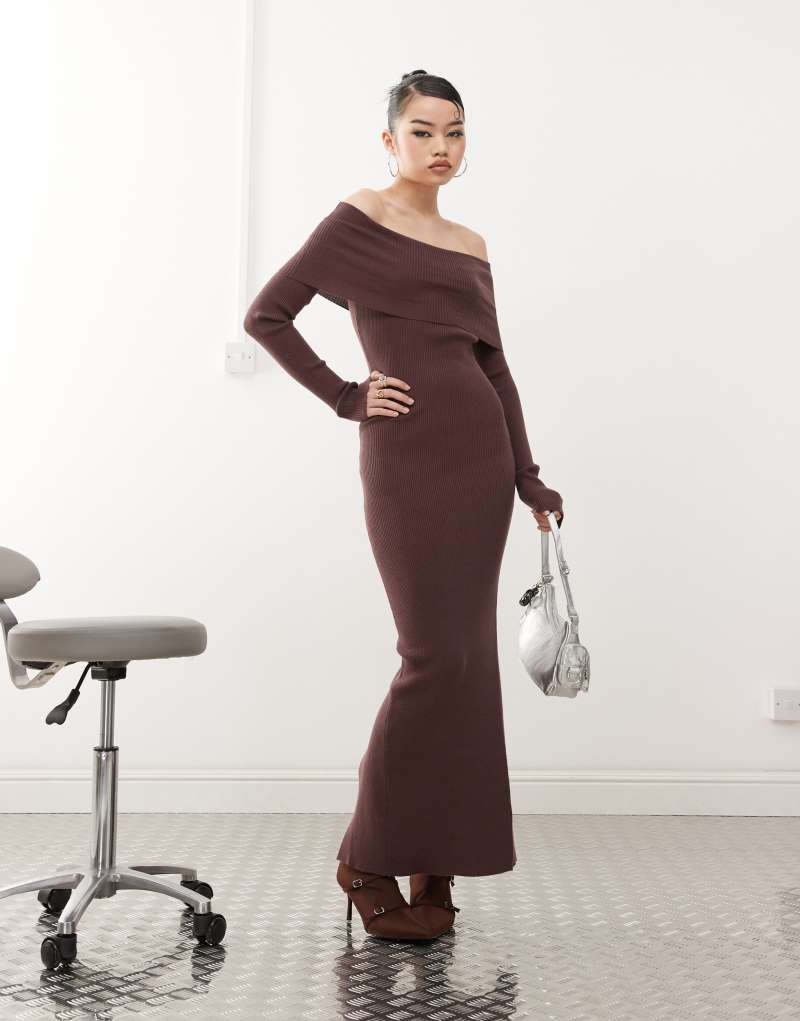 Princess Polly knitted extreme foldover bardot bodycon maxi dress in brown Princess Polly