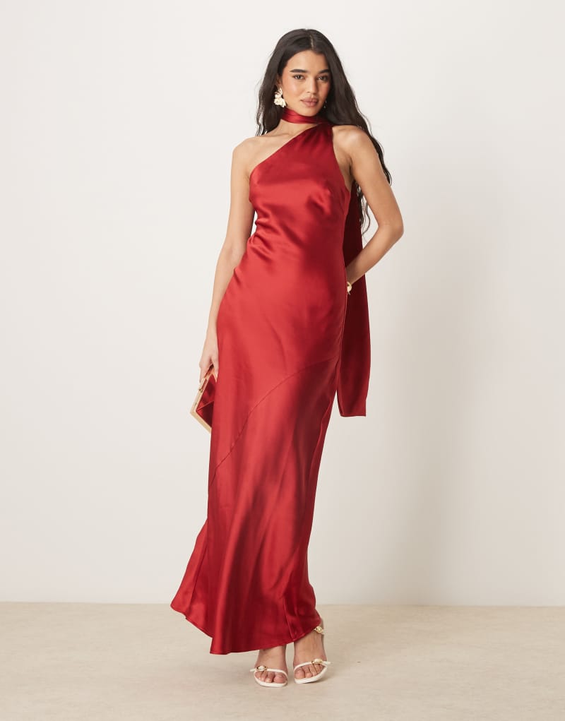 Pretty Lavish scarf neck satin maxi dress in red Pretty Lavish