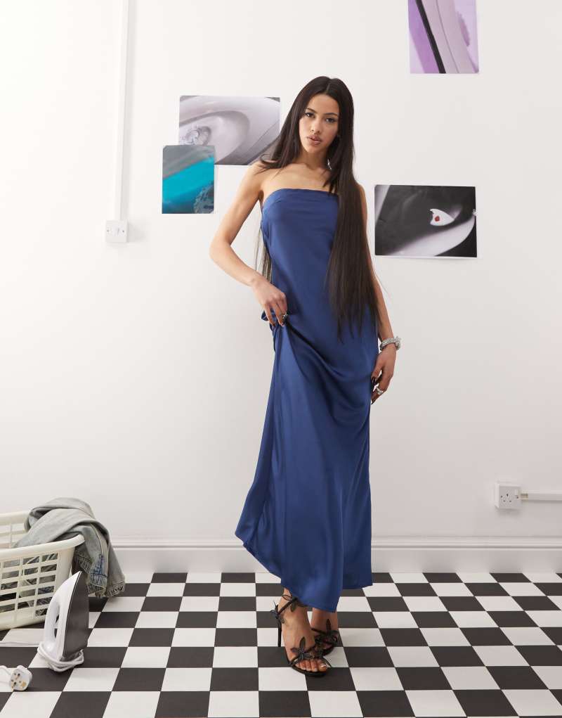 Princess Polly satin bandeau cowl tie back maxi dress in blue Princess Polly