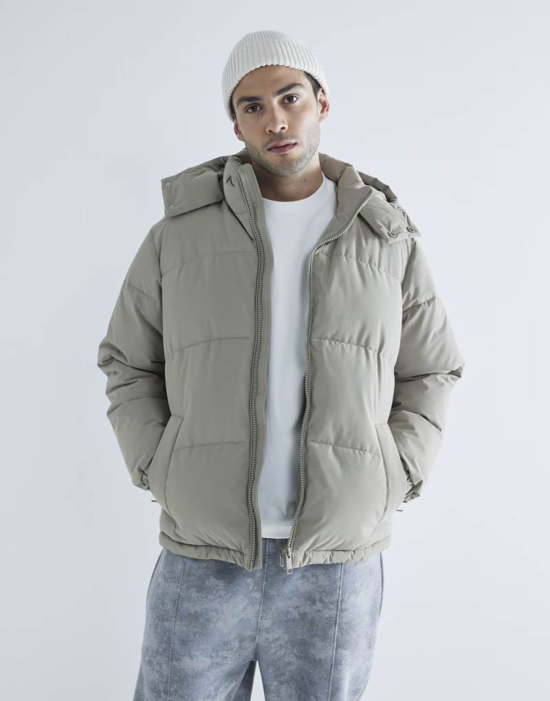 River Island premium hooded puffer jacket in stone River Island