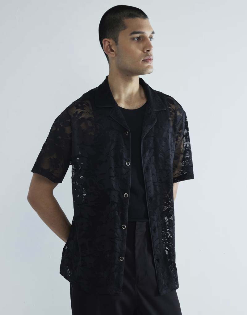 River Island floral lace short sleeve shirt in black River Island