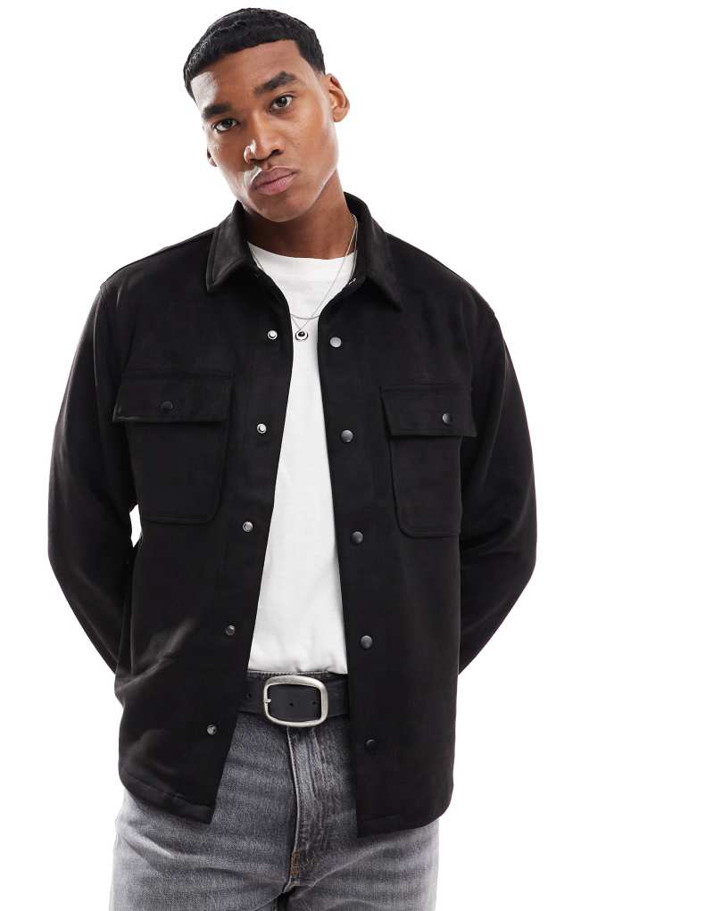 River Island faux suede overshirt in black River Island