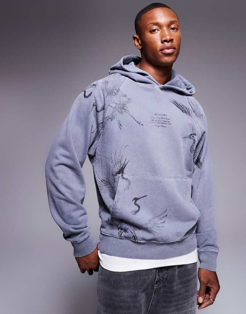 River Island Japanese crane back print hoodie in dark gray River Island