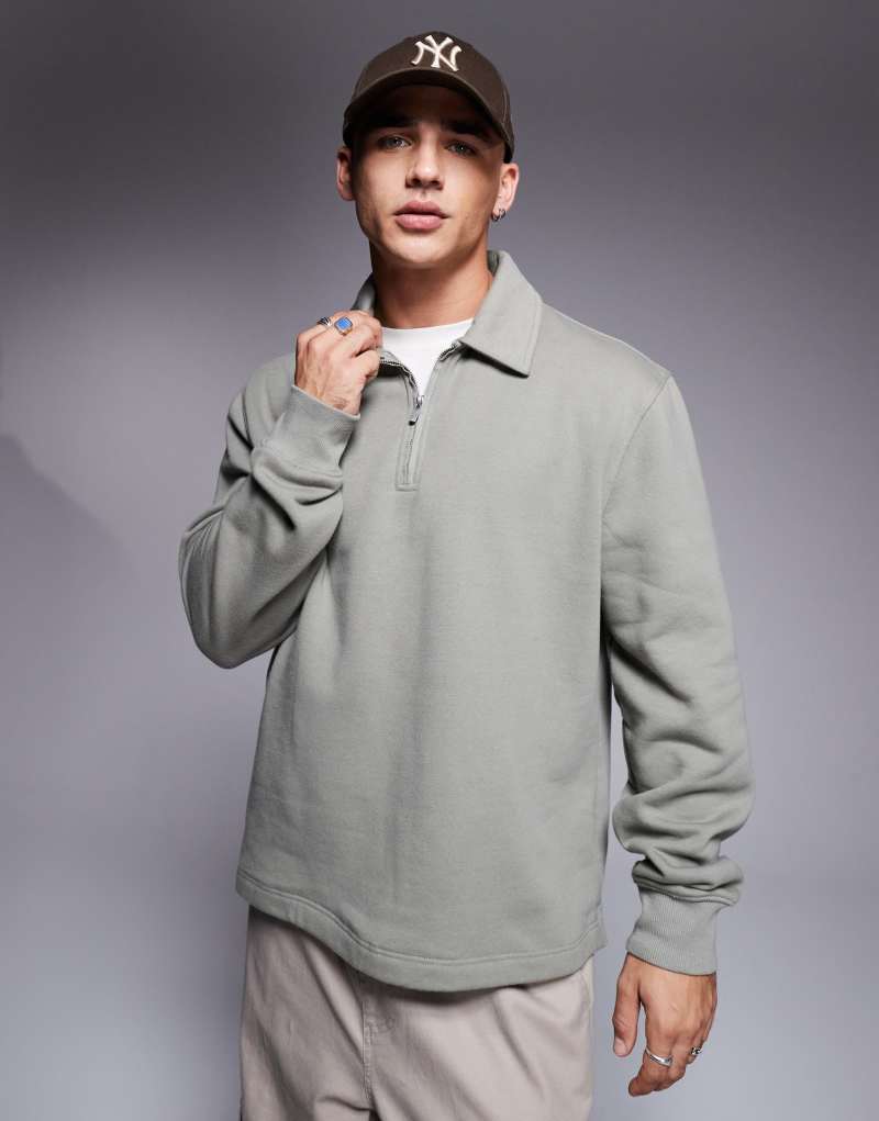 River Island quarter zip collared sweatshirt in light khaki River Island