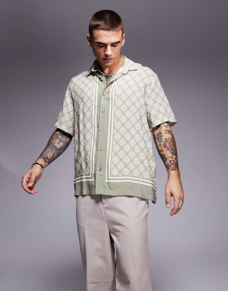 River Island geometric border print shirt in green River Island