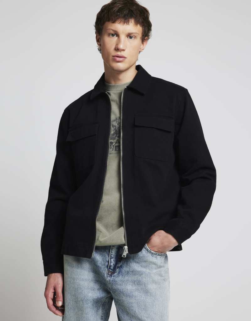 River Island zip up twill overshirt in black River Island