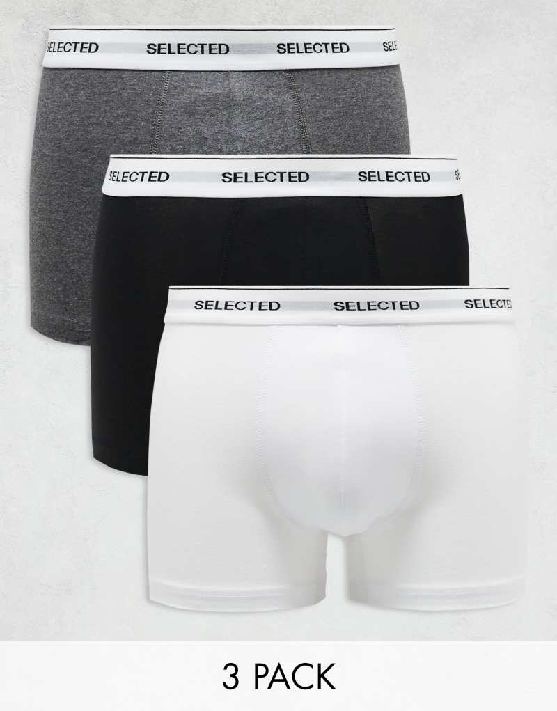 Selected Homme 3 pack trunks in black white gray with waistband Selected