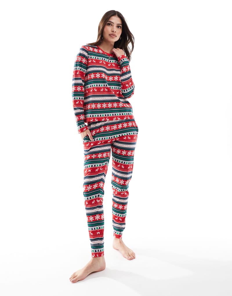 Threadbare Christmas fairisle print long pajama set in red Threadbare