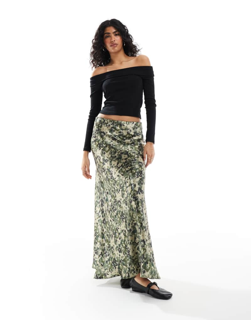 Threadbare satin maxi skirt in olive digital print Threadbare