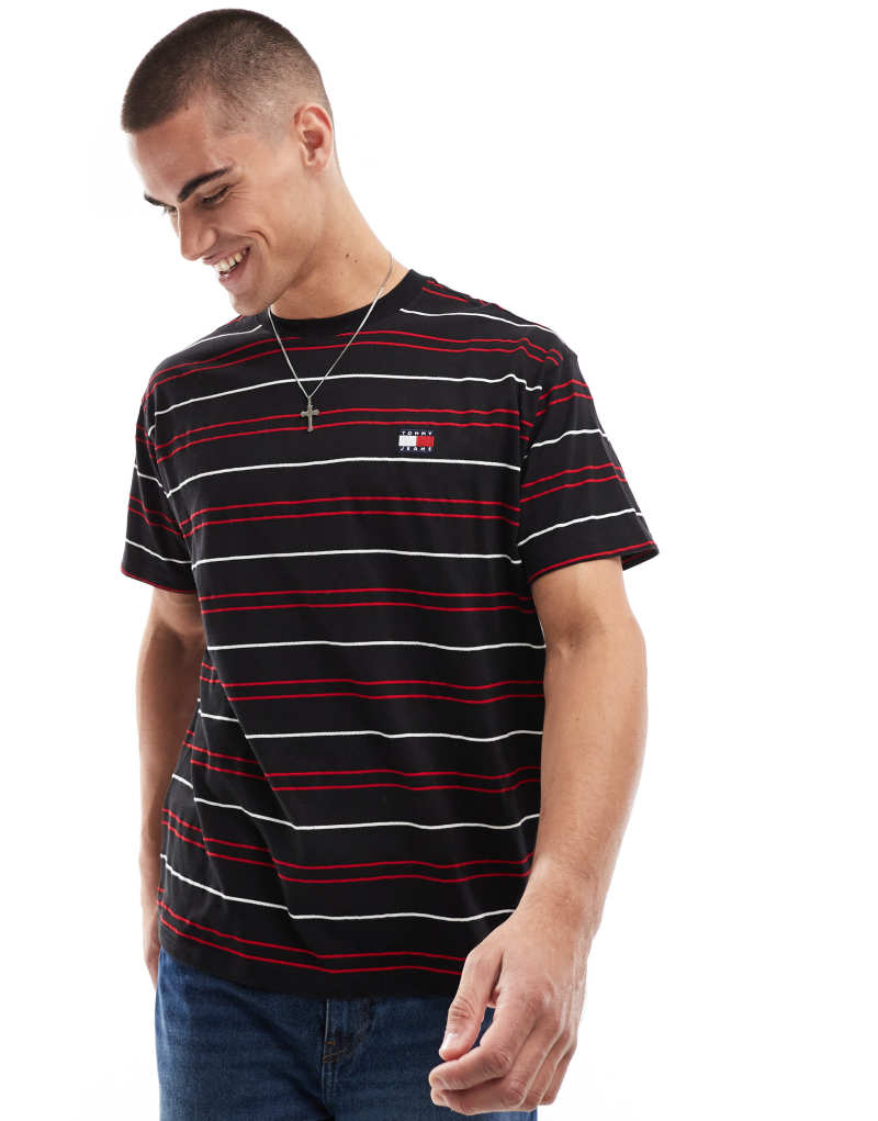 Tommy Jeans relaxed badge logo t-shirt in black and red stripe Tommy Jeans