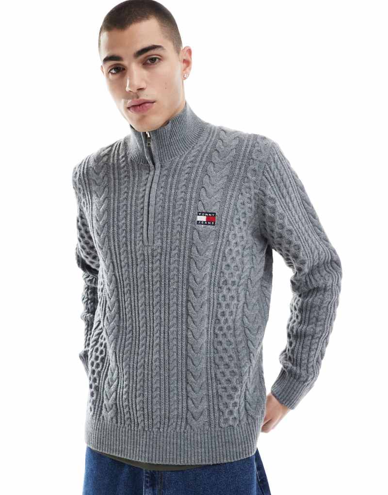 Tommy Jeans cable knit 1/4 zip sweater in gray Tommy Jeans