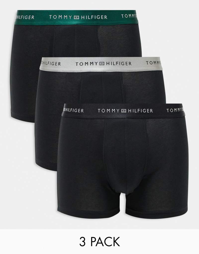 Tommy Hilfiger Signature Essential 3-pack trunks in black with green/gray/black waistbands Tommy Hilfiger