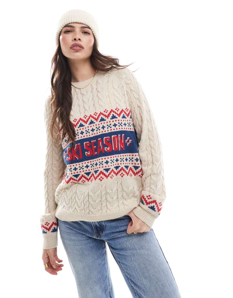 Threadbare Ski design cable knit sweater in ecru Threadbare