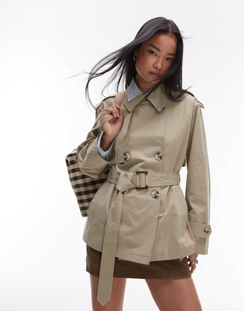 Topshop short trench coat in stone Topshop