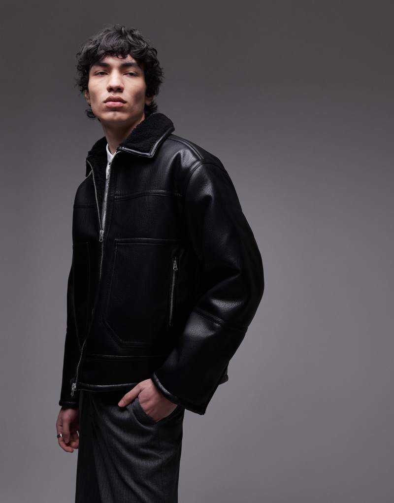 Topman faux leather shearling jacket with shearling pocket detail in black Topman