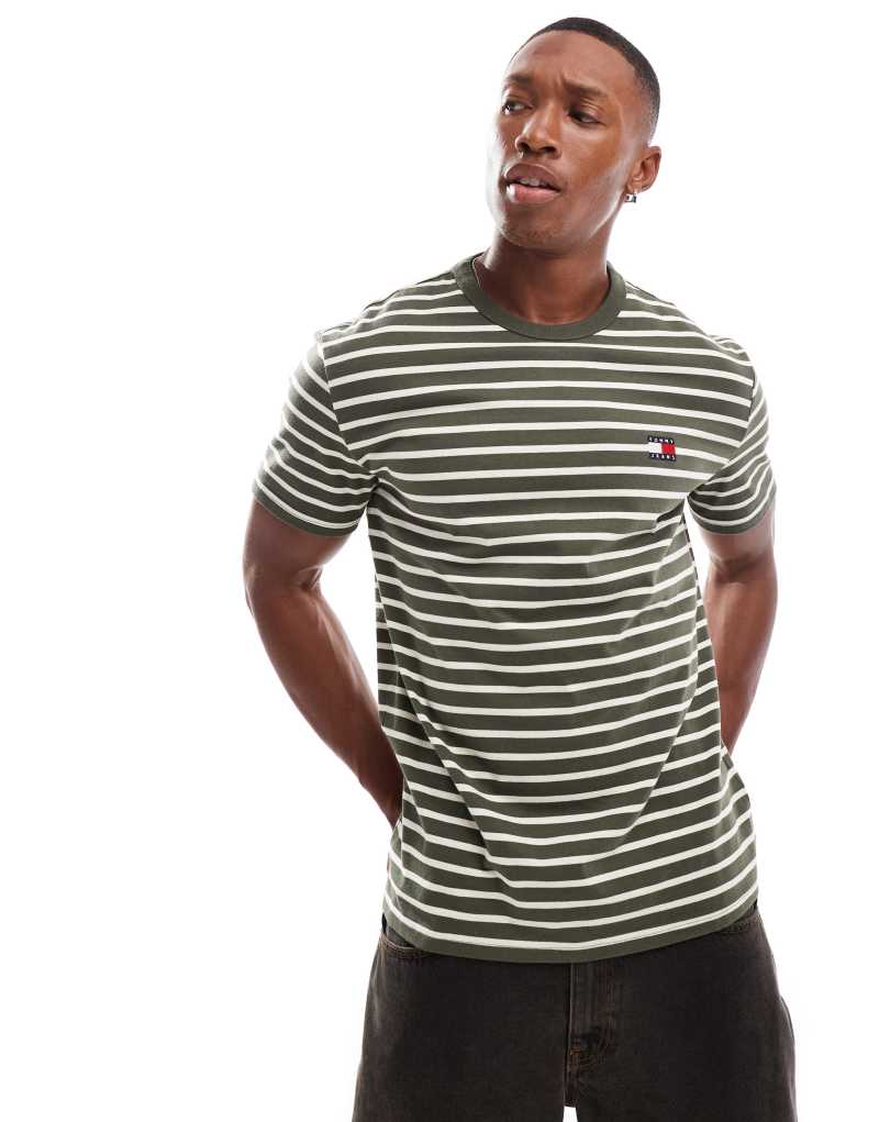 Tommy Jeans badge t-shirt in olive and cream stripe Tommy Jeans