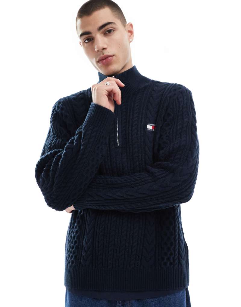 Tommy Jeans cable knit 1/4 zip sweater in navy Tommy Jeans