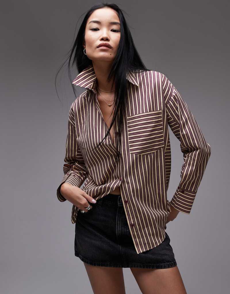 Topshop oversized shirt in burgundy & buttermilk stripe Topshop