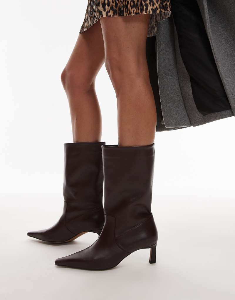 Topshop Tiggy premium leather calf heeled boots in burgundy Topshop