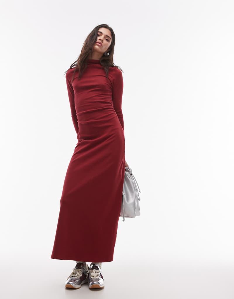 Topshop jersey funnel neck long sleeve maxi dress in red Topshop