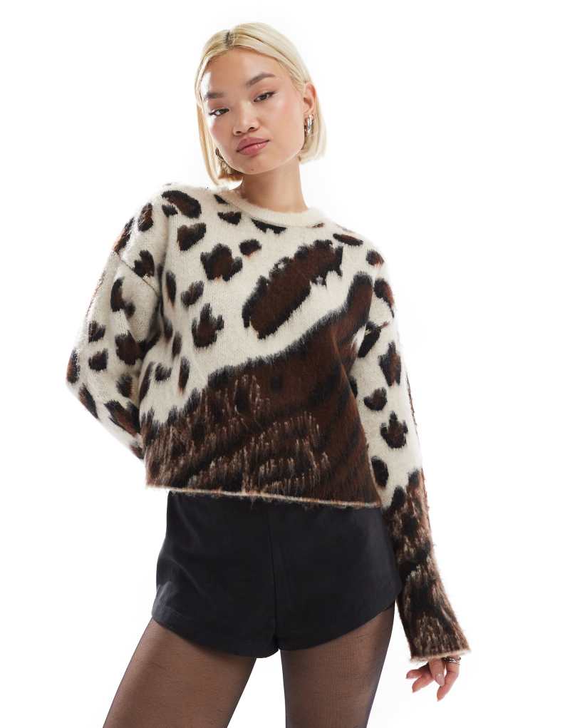 Threadbare crew neck leopard print sweater in ecru Threadbare