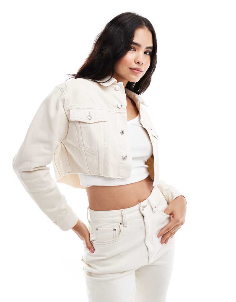 Tommy Jeans crop raw hem denim trucker jacket in off white Tommy Jeans