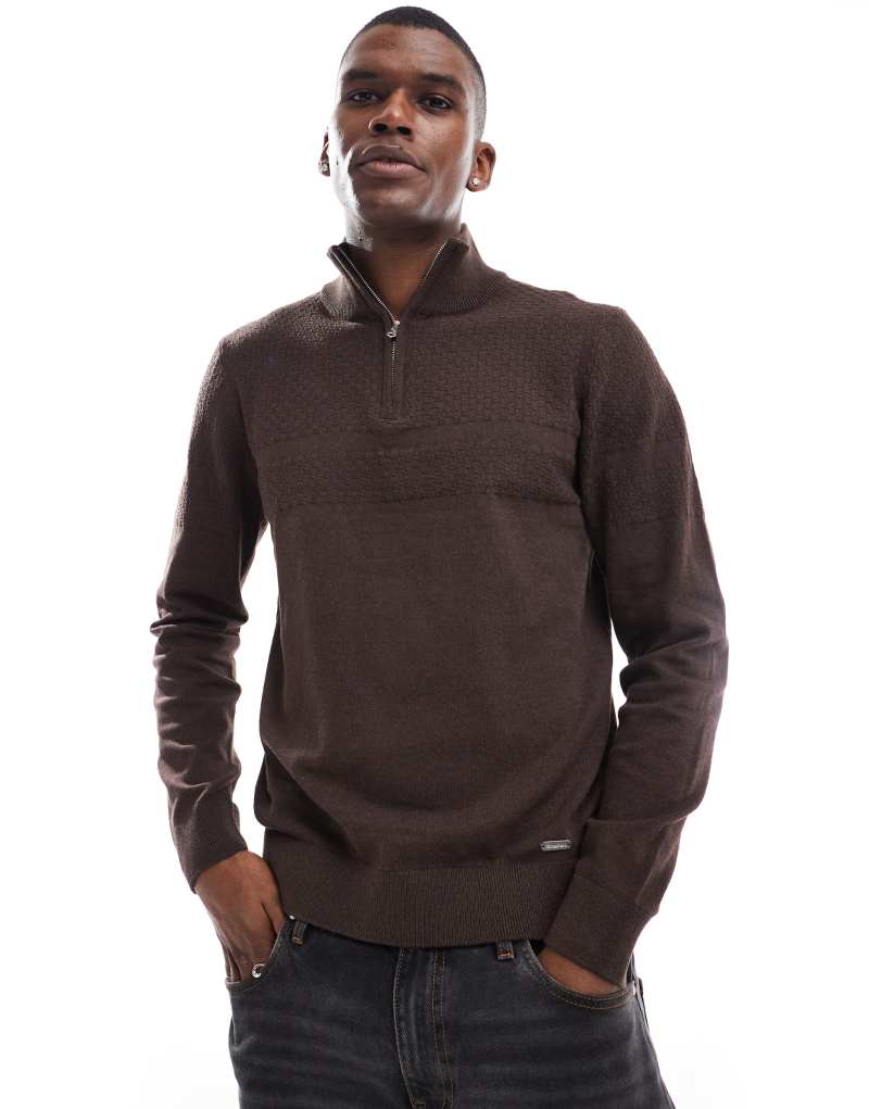 Threadbare 1/4 zip sweater in chocolate brown Threadbare