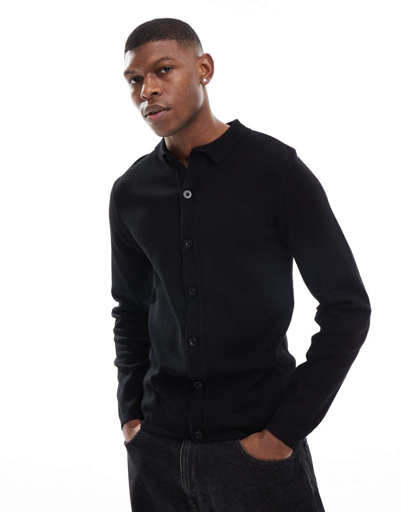 Threadbare knitted long sleeve shirt in black Threadbare