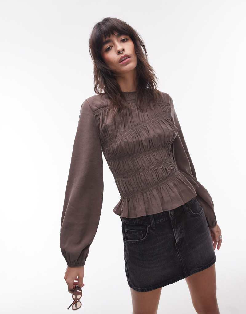 Topshop asymmetric shirred top in brown Topshop