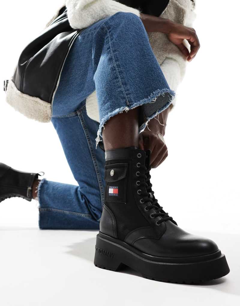 Tommy Jeans chunky combat lace boots in black Tommy Jeans