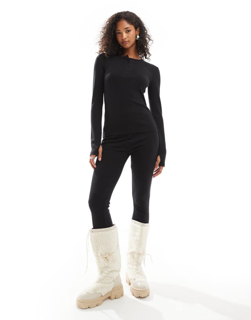 Threadbare Ski ribbed base layer top and leggings set in black Threadbare