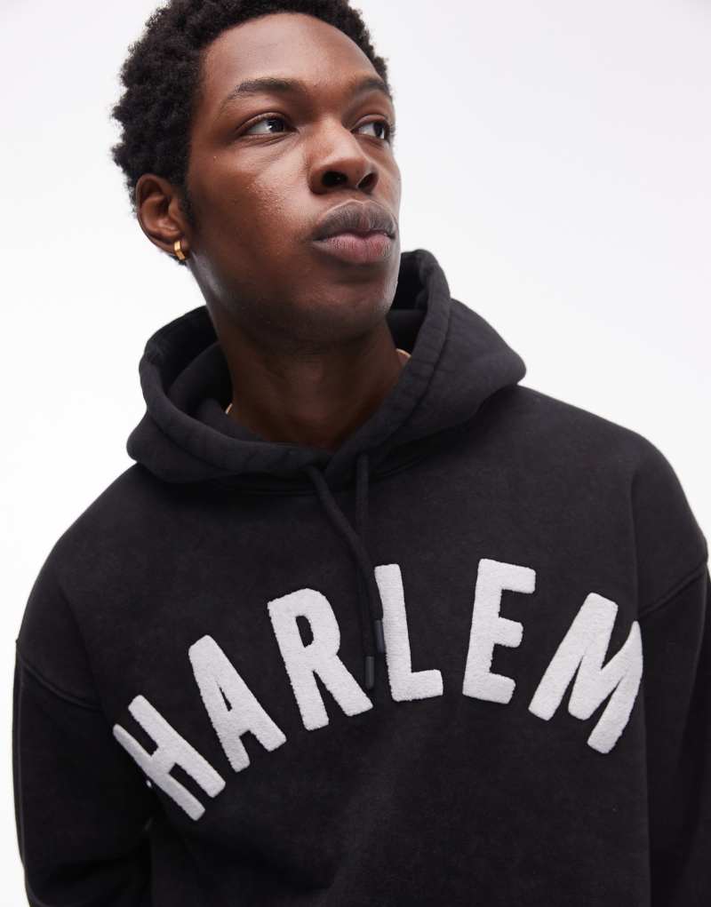 Topman oversized fit hoodie with Harlem print in black Topman